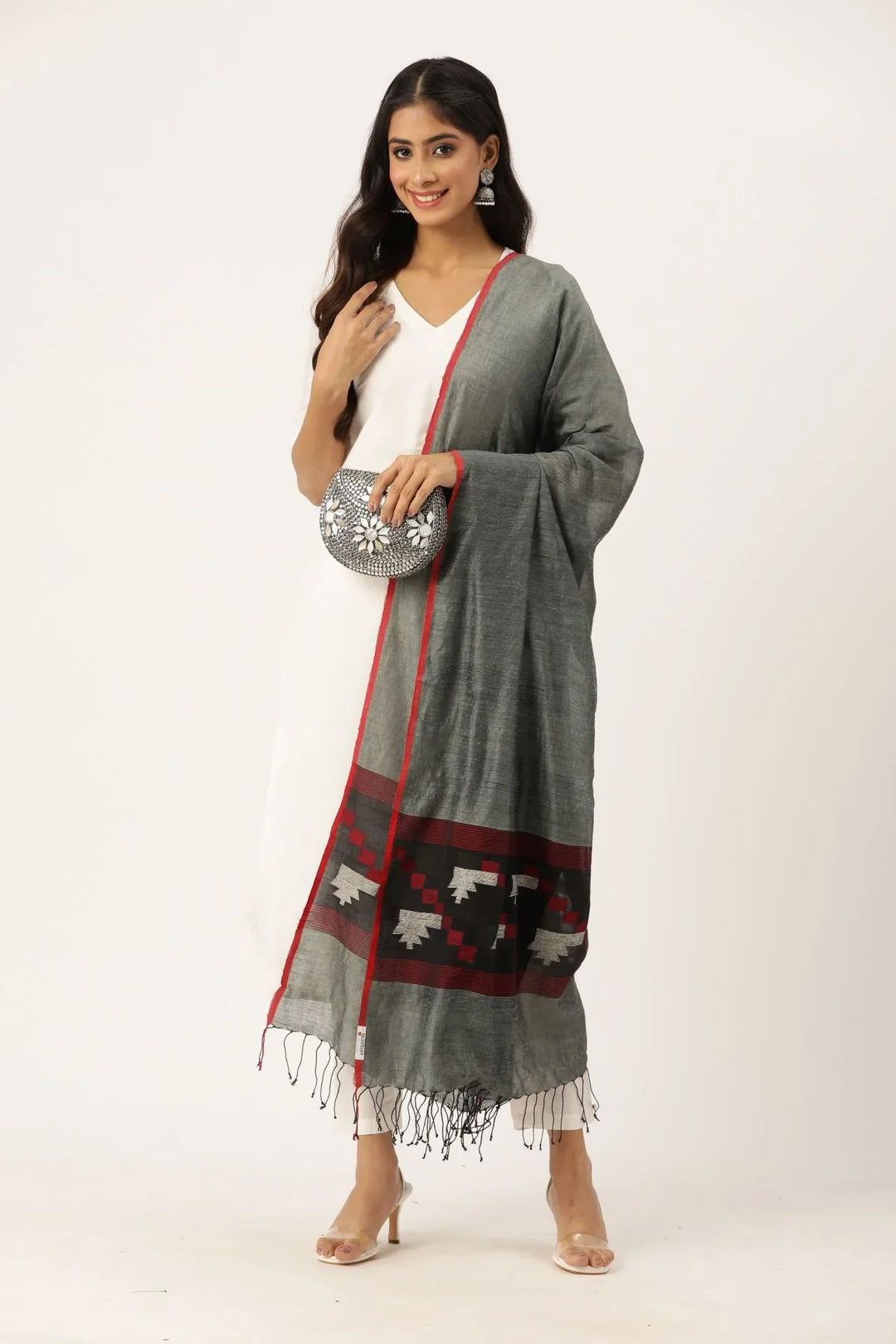 Grey Pure Matka Silk Handloom jamdani Dupatta