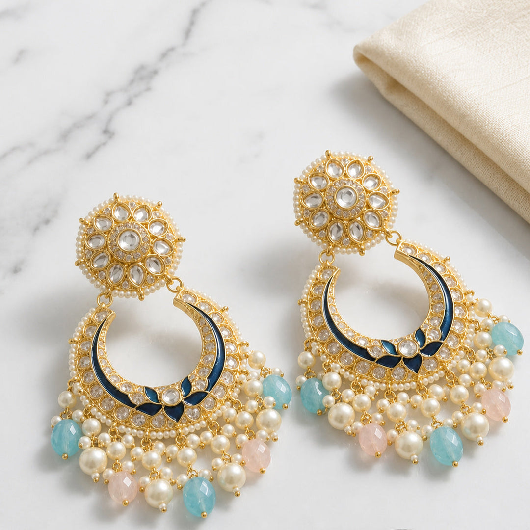 Kundan Chandbali Earrings with Navy Blue Meenakari & Turquoise Pearl Drops | SHOBITAM