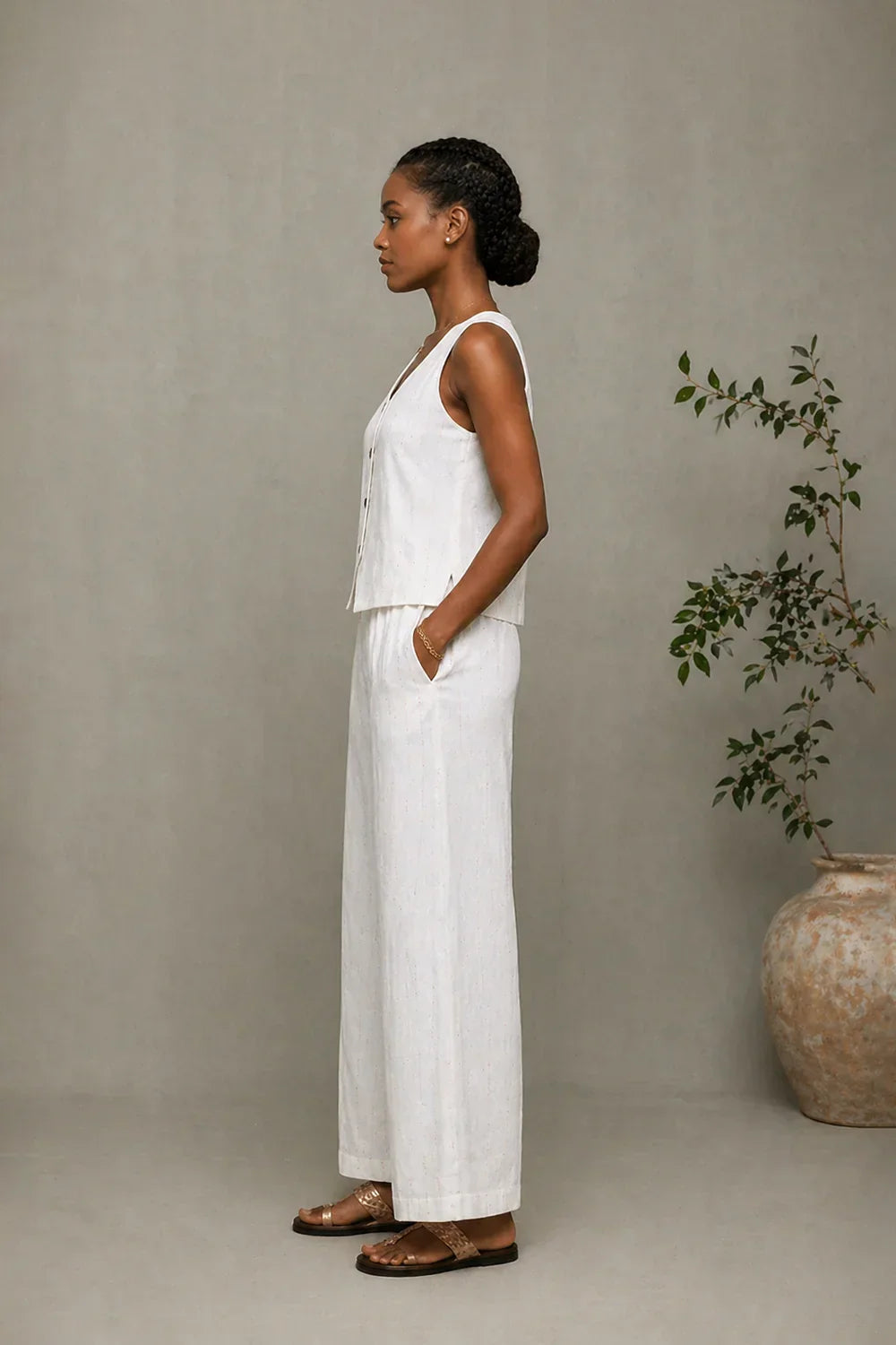 Ivory Cotton Co-ord Set with Button-Down Top & Wide-Leg Pants | SHOBITAM