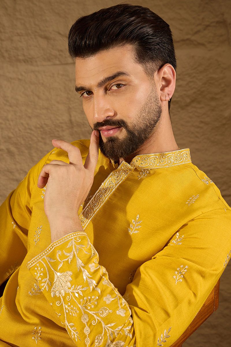 Yellow Chanderi Silk Solid Embroidered Straight Kurta with Trouser | SHOBITAM