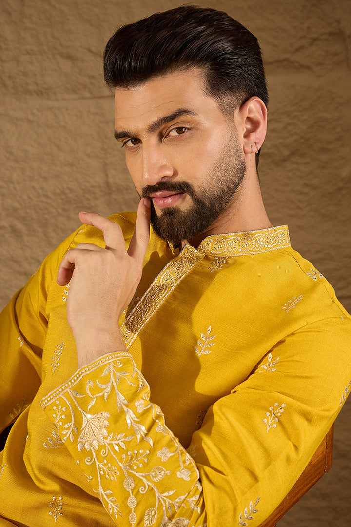 Yellow Chanderi Silk Solid Embroidered Straight Kurta with Trouser | SHOBITAM