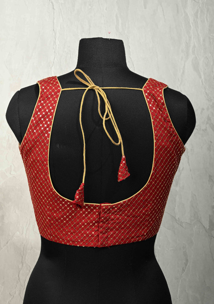 SIZE 40" Blood Red Deep U Neckline Blouse with Grid Sequins Detailing  Sleeveless Pattern
