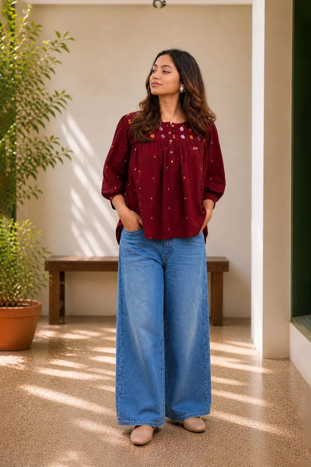 Amara Wine Jamdani Top | SHOBITAM