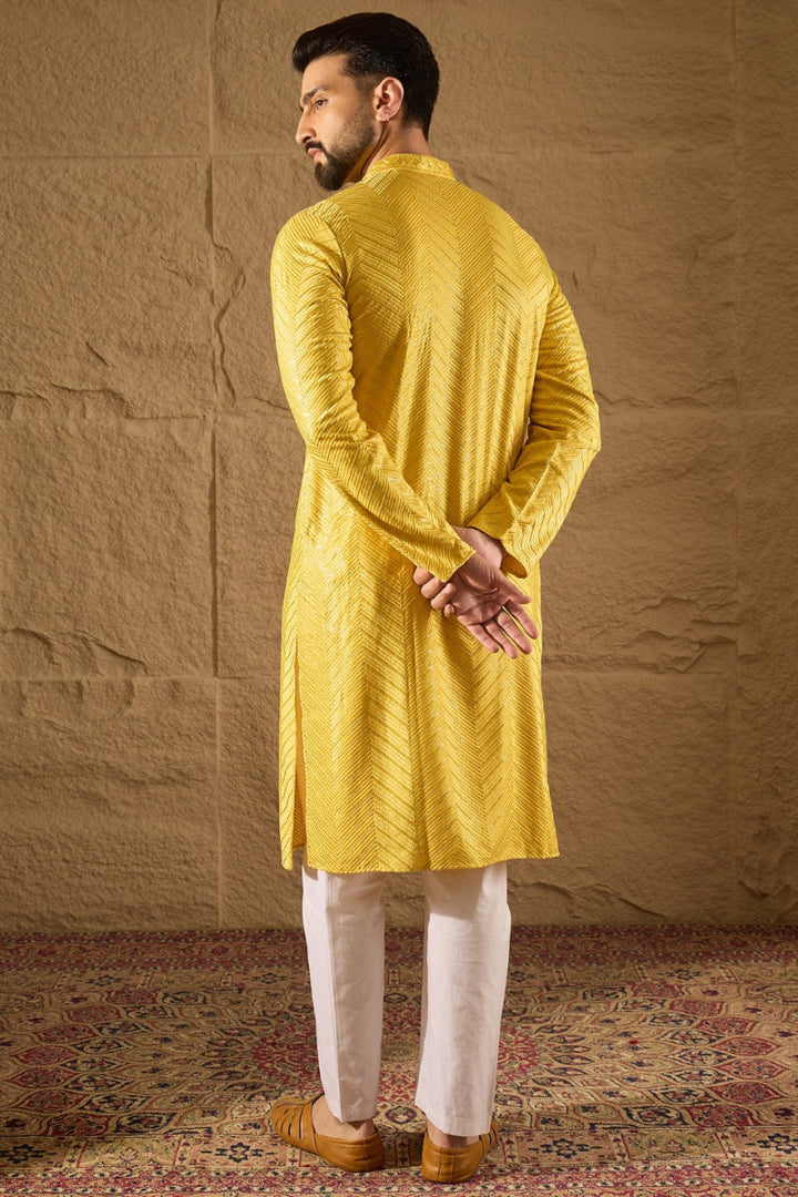 Yellow Viscose Rayon Solid Embroidered Straight Kurta | SHOBITAM
