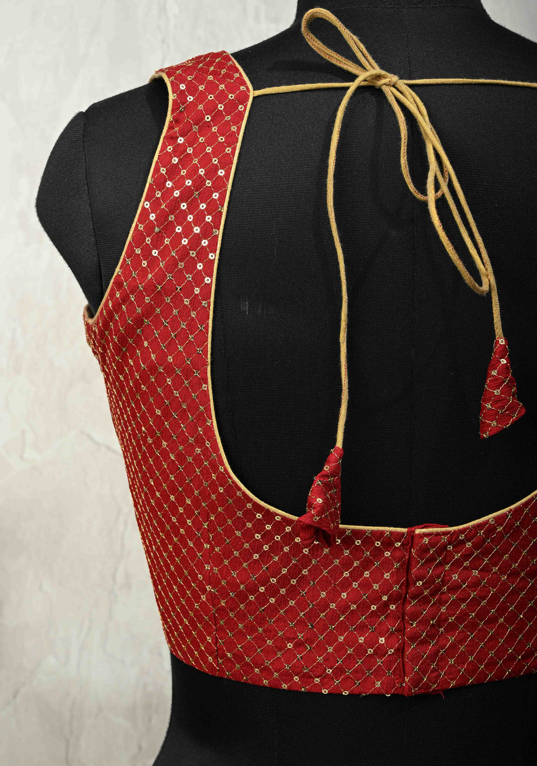 SIZE 40" Blood Red Deep U Neckline Blouse with Grid Sequins Detailing  Sleeveless Pattern