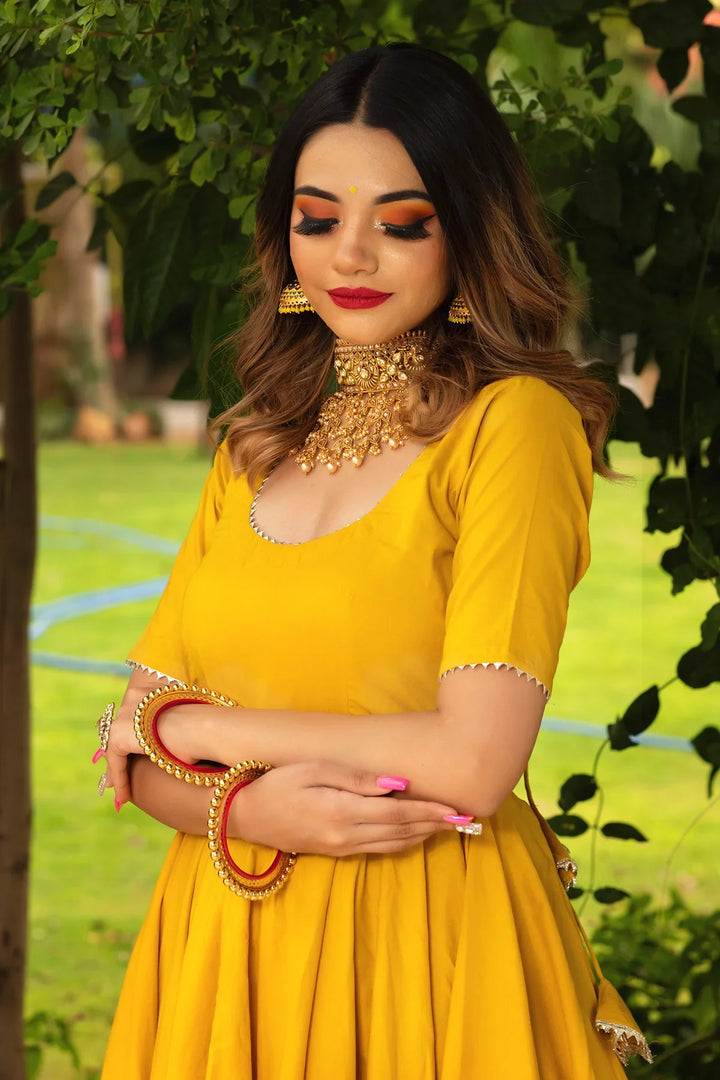 ROSEMARRY YELLOW COTTON ANARKALI SET | SHOBITAM