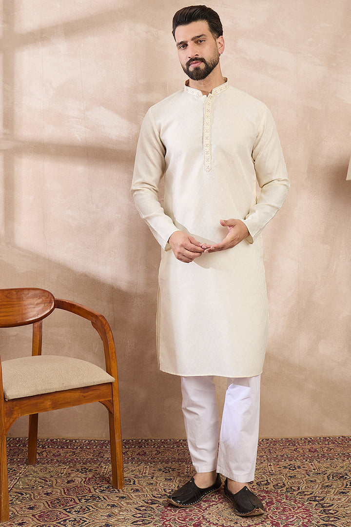 Off White Silk Blend Solid Woven Design Straight Kurta For Men | SHOBITAM