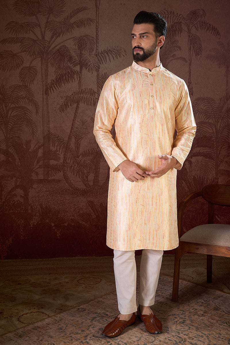 Cream Silk Blend Abstract Printed Straight Kurta With Trouser | SHOBITAM