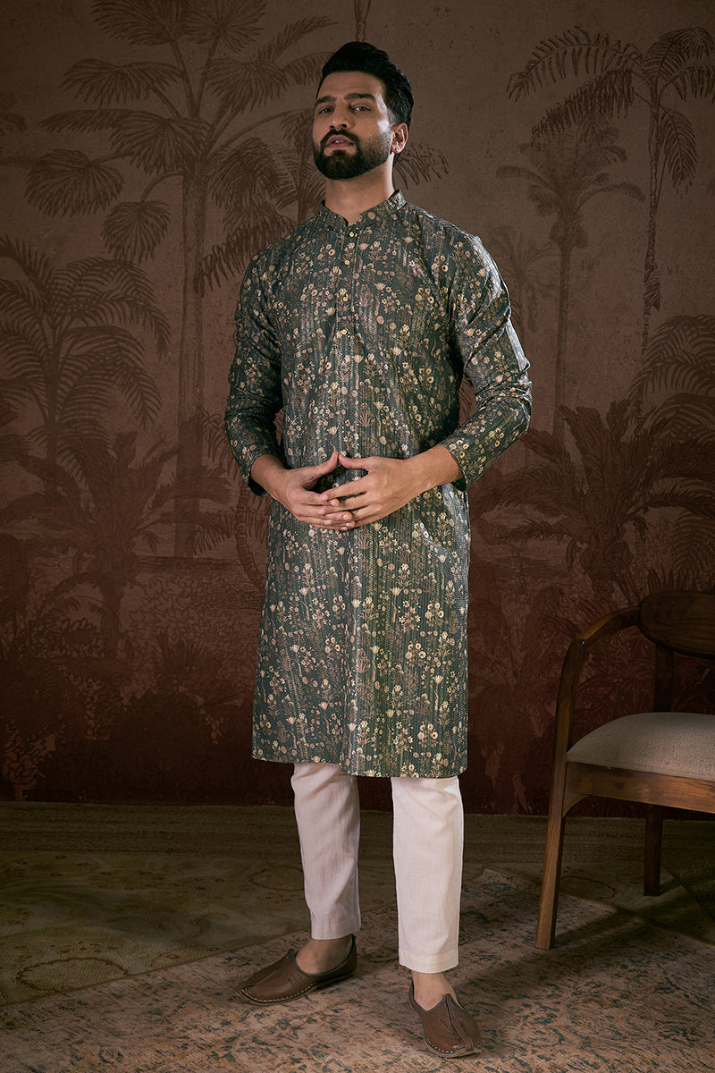 Olive Silk Blend Floral Printed Straight Kurta For Men | SHOBITAM