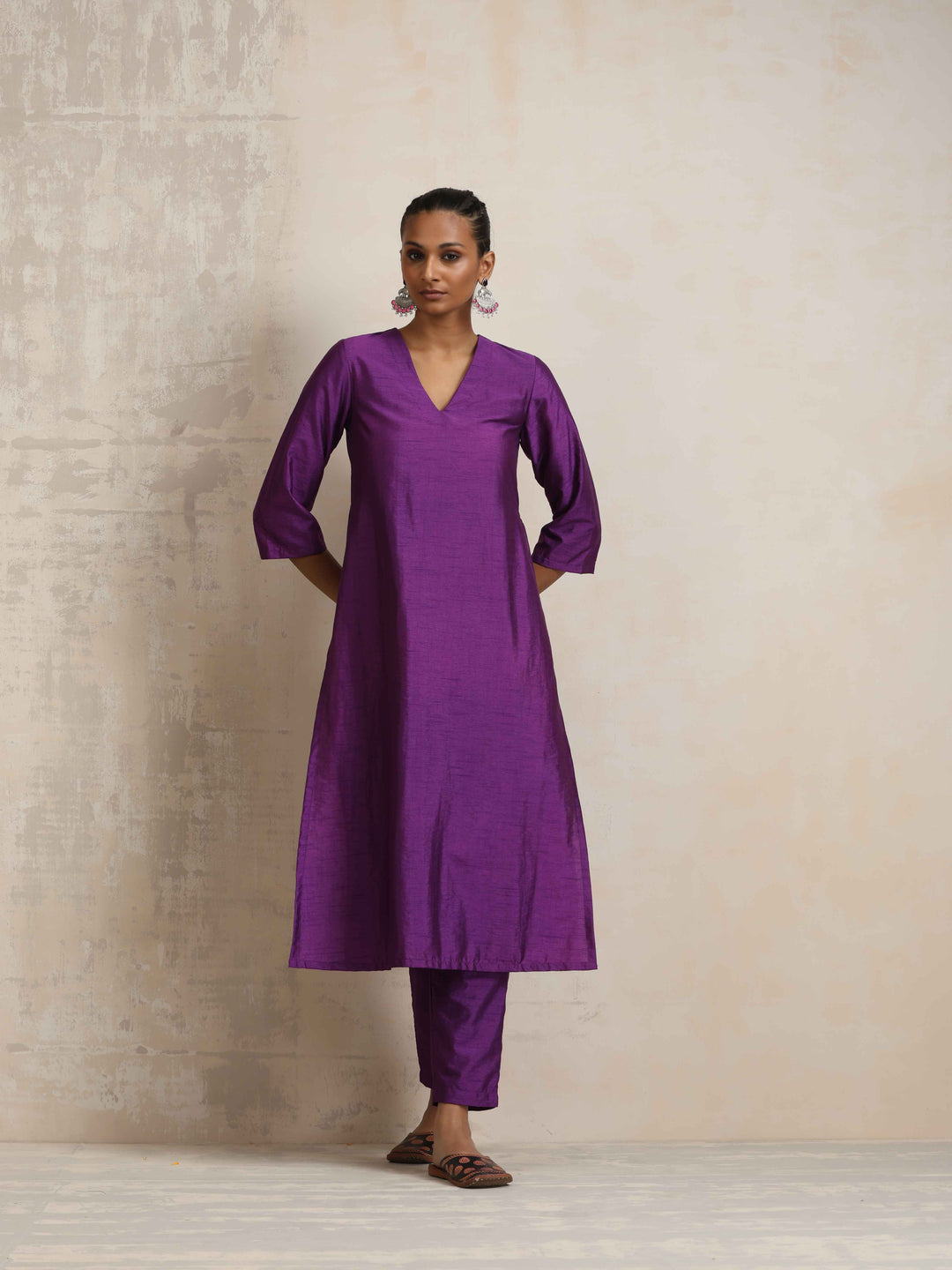 Purple Silk High Slit Kurta Set | SHOBITAM