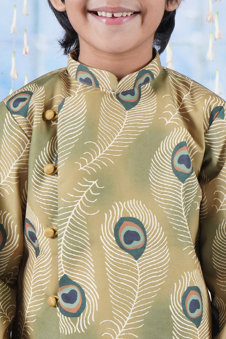 Boys Cotton Full Sleeves Peacock Feather Sherwani with Dhoti -Mustard Yellow | SHOBITAM