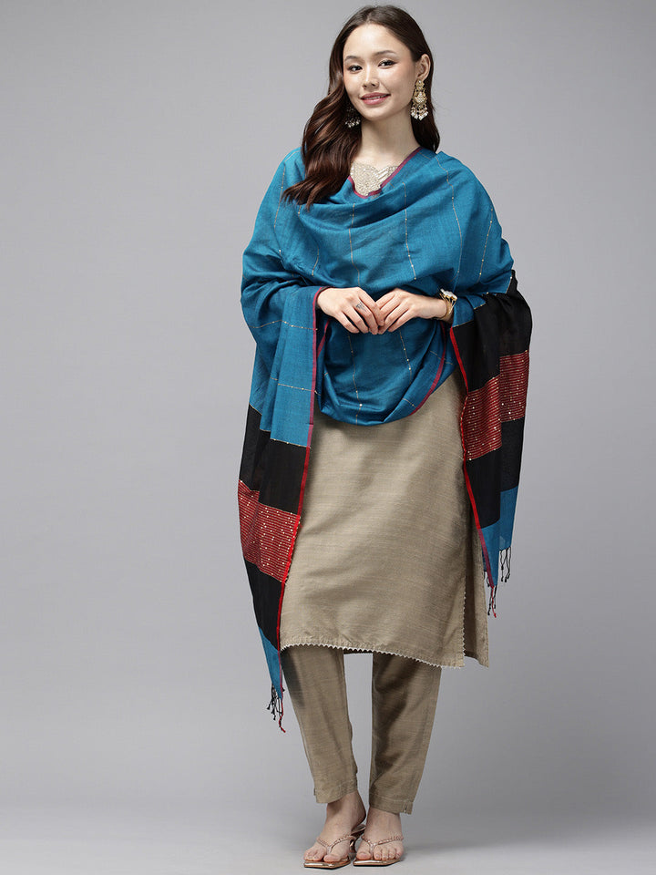 Blue Colourblock Handloom Woven Sequins Cotton Dupatta