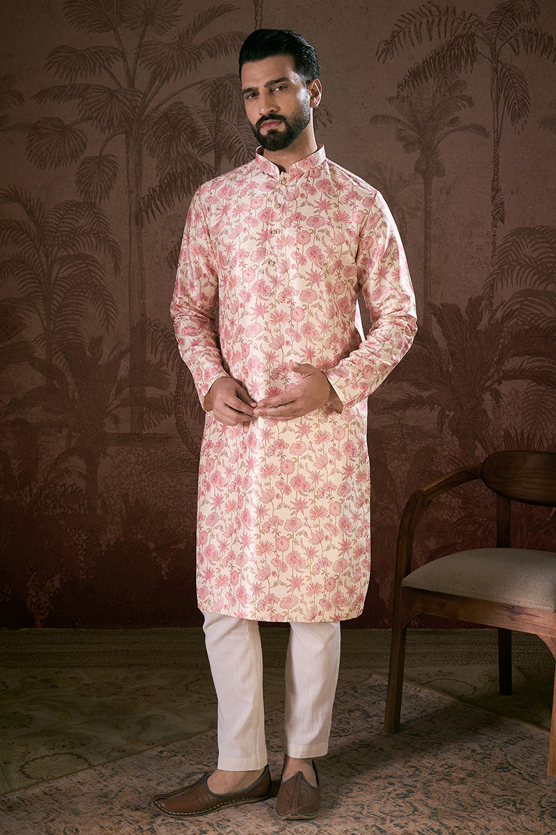 Off White Silk Blend Floral Printed Straight Kurta With Trouser | SHOBITAM