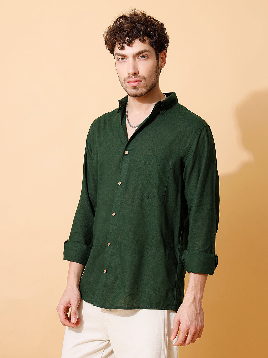 Men Handloom Cotton Solid Shirt in Dark Green