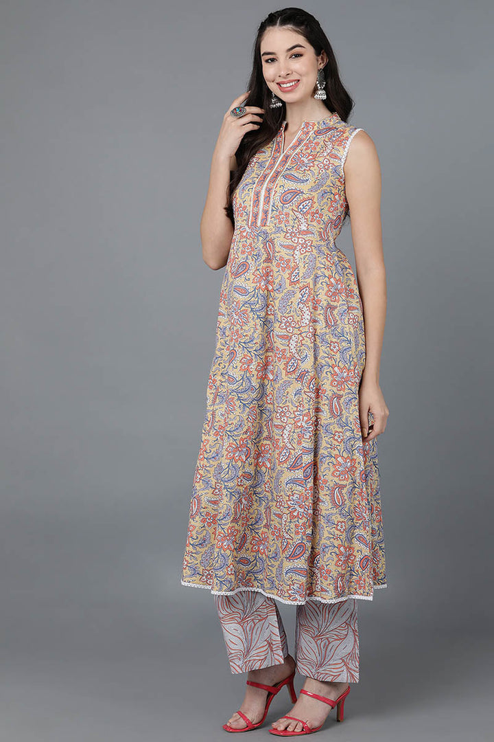 Yellow Cotton Flared Kurta Palazzo With Dupatta | SHOBITAM