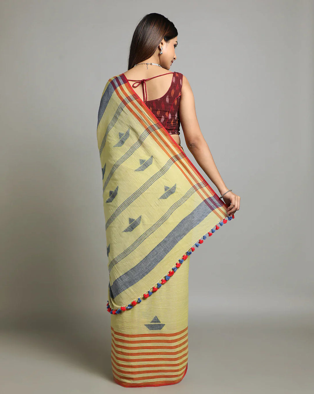 Green Handloom Jamdani Cotton Saree with Stripes Border