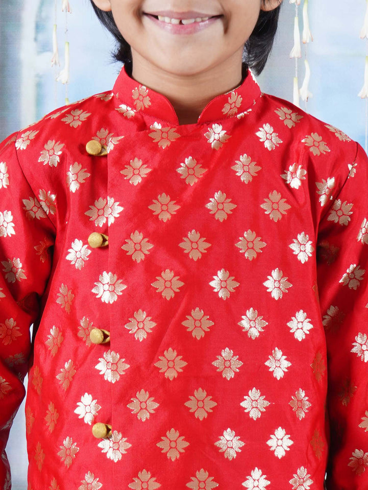 Boys Floral Embrodiery Sherwani with Dhoti -Red & Golden | SHOBITAM