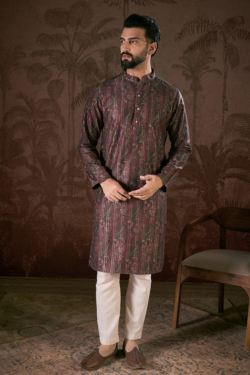 Purple Silk Blend Ethnic Motifs Printed Straight Kurta With Trouser | SHOBITAM