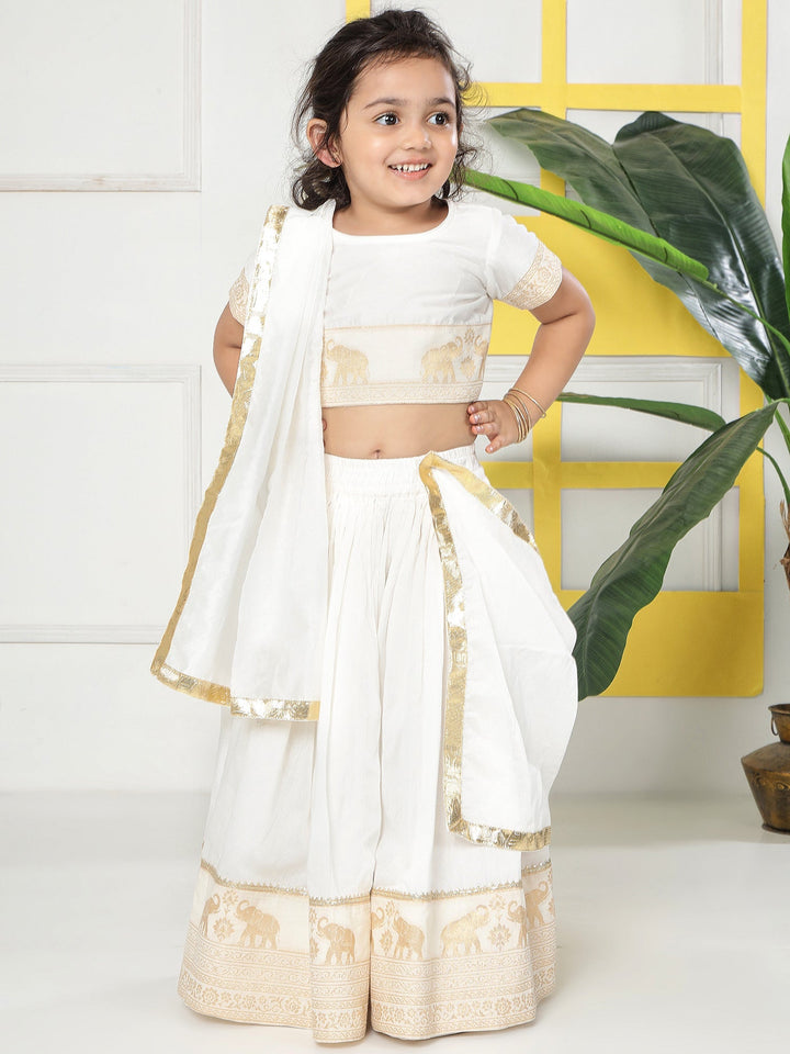 Cream Elephant Zari Embroidery Chanderi Cotton Lehenga Set | SHOBITAM