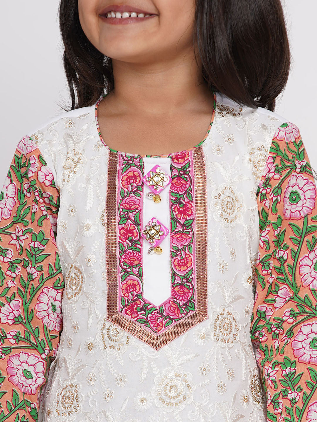Girls Floral Embroidery Kurta with Floral Sharara & Dupatta- Orange Pink & White | SHOBITAM