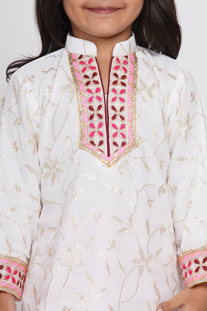 Girls Bengali Embroidery Lacework Kurta with Sharara & Dupatta in White & Pink |SHOBITAM