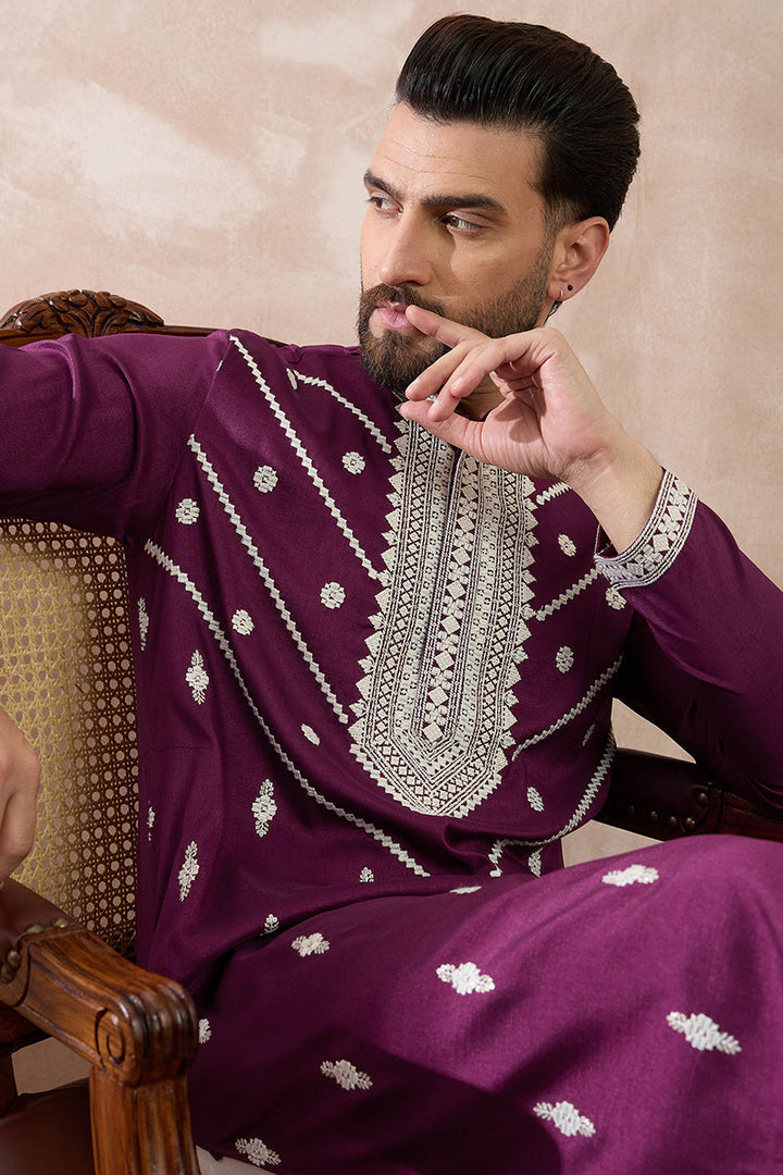 Purple Silk Embroidered Mandarin Collar Straight Kurta | SHOBITAM