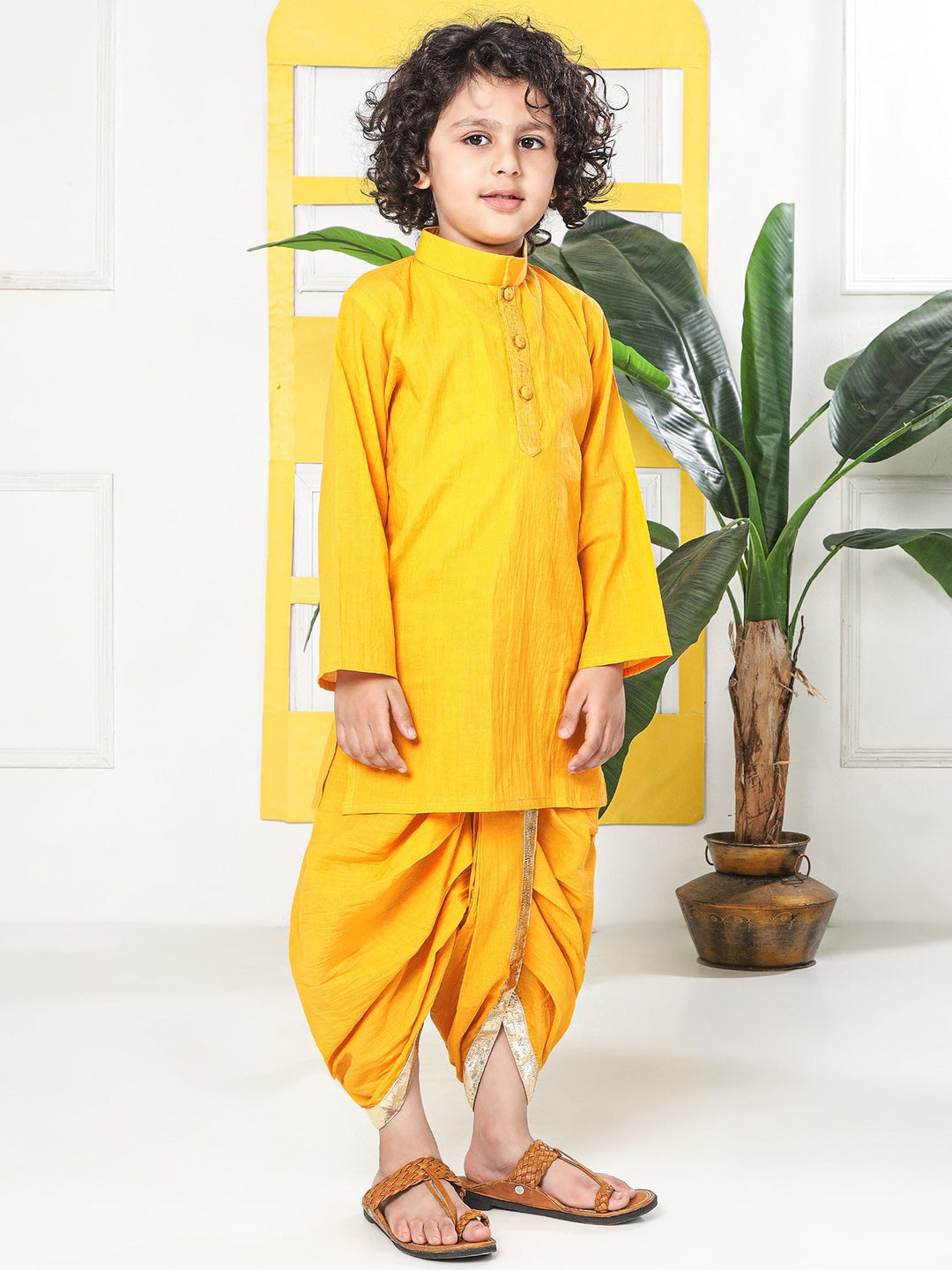 Yellow Minimal Zari Embroidery Cotton Kurta Dhoti set | SHOBITAM