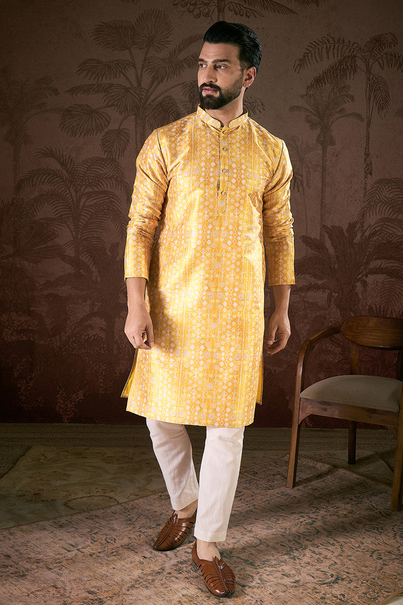 Yellow Silk Blend Floral Printed Straight Kurta With Trouser | SHOBITAM
