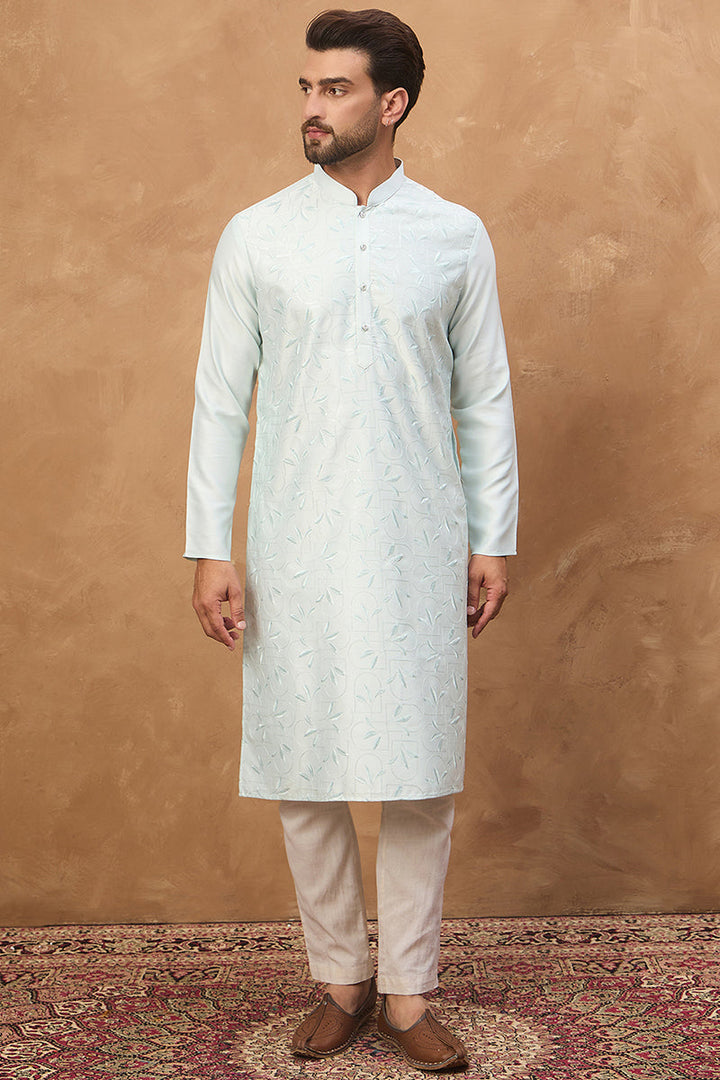 Blue Silk Blend Solid Embroidered Straight Kurta | SHOBITAM