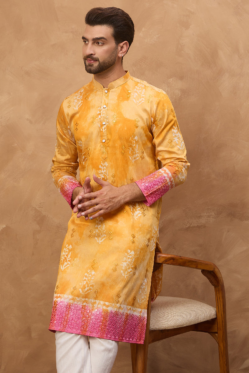 Yellow Silk Blend Batik Embroidered Straight Kurta  | SHOBITAM