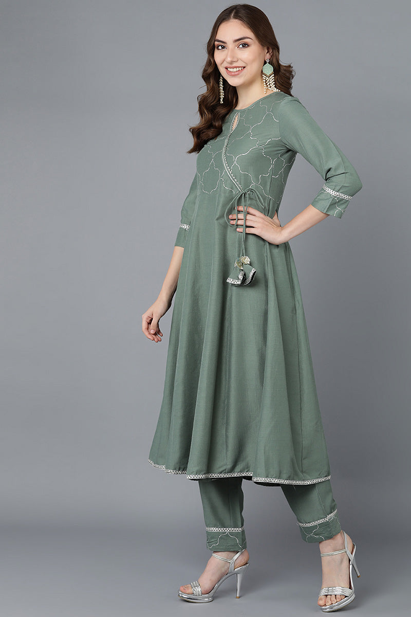 Teal Poly Silk Embroidered Kurta Trousers With Dupatta  | SHOBITAM