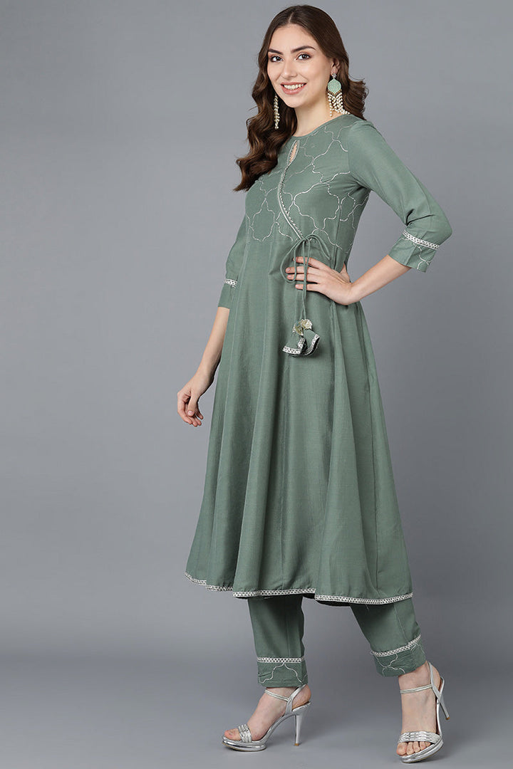 Teal Poly Silk Embroidered Kurta Trousers With Dupatta  | SHOBITAM