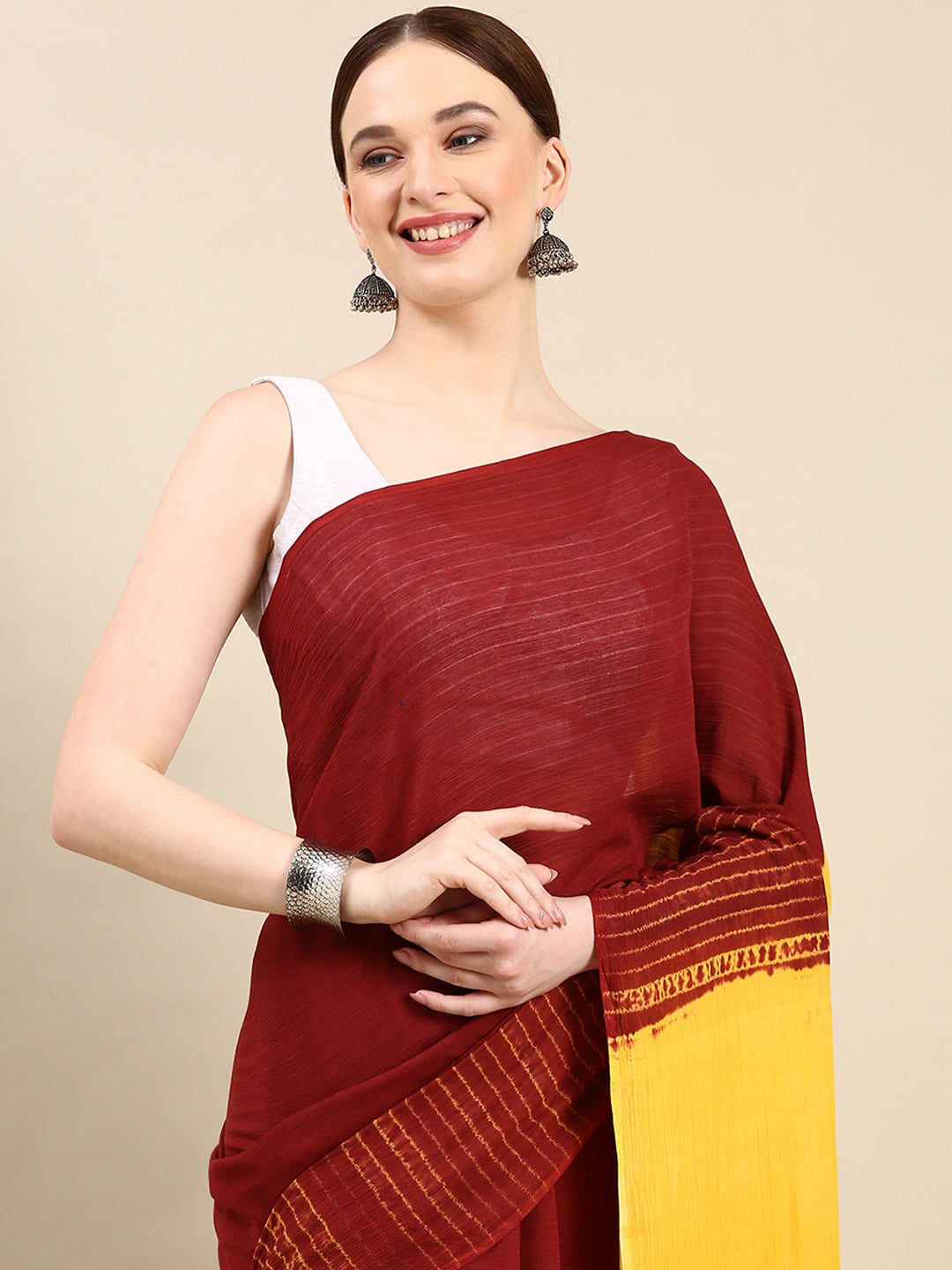 Maroon Hand Woven Shibori Cotton Saree With Yellow Pallu