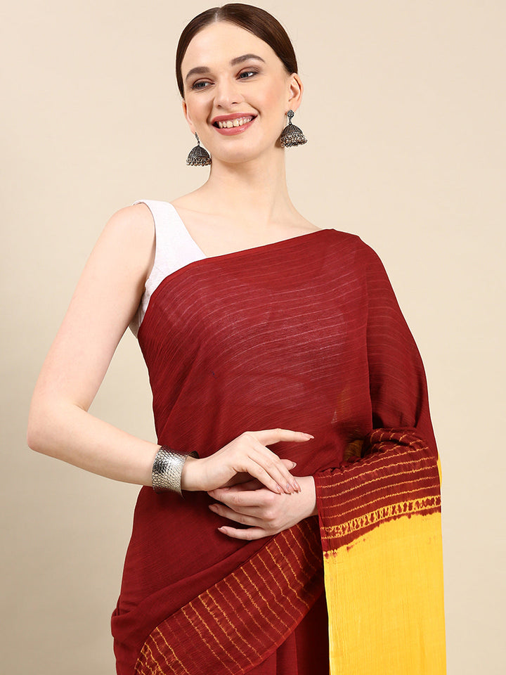 Maroon Hand Woven Shibori Cotton Saree With Yellow Pallu