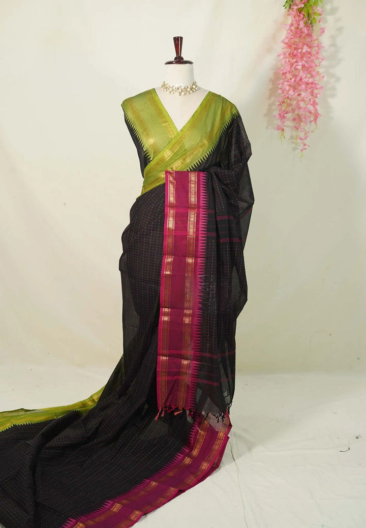Black Cotton Mercerized Cotton Saree with Ganga Jamuna Borders | SHOBITAM