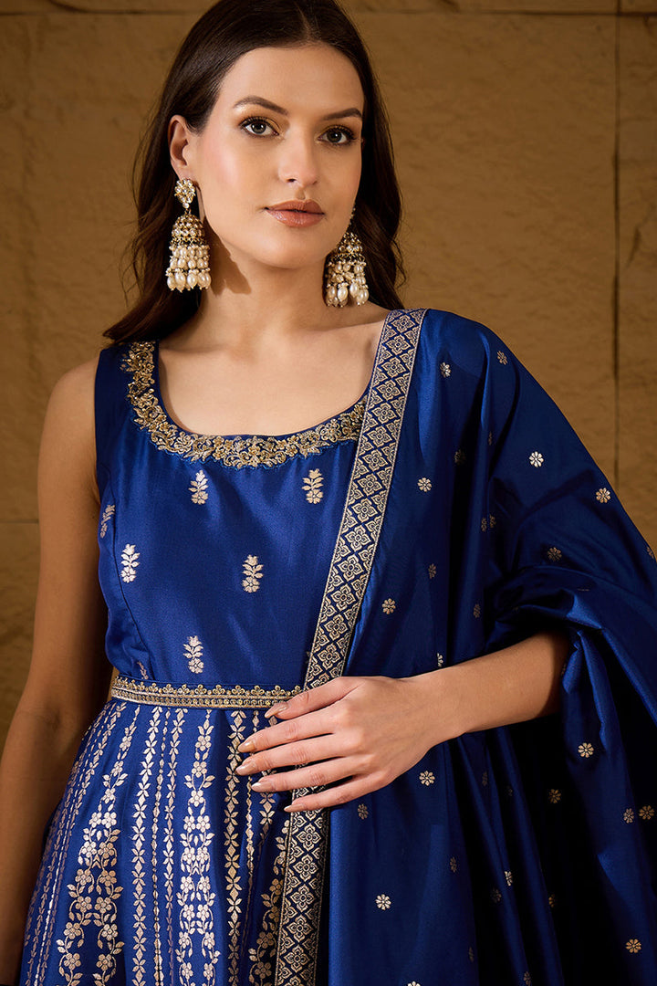 Blue Silk Blend Solid Embroidered Anarkali Kurta Bottom and Dupatta | SHOBITAM
