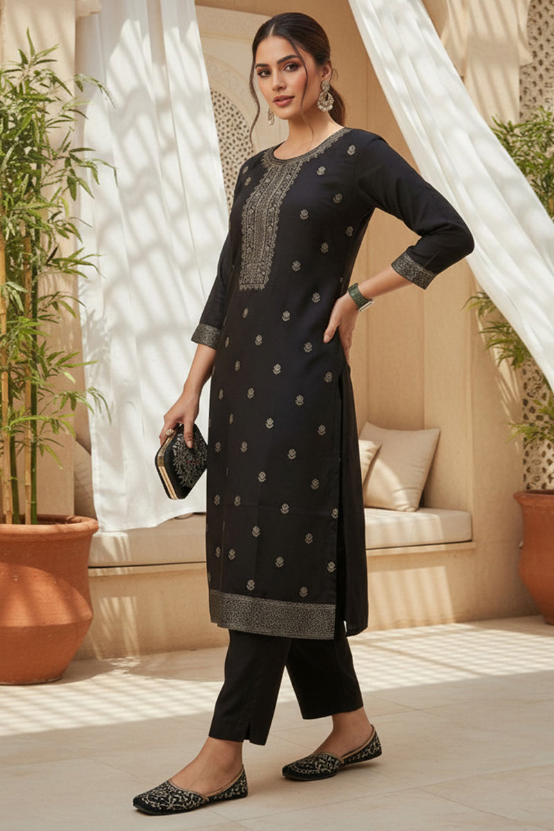 Black Silk Blend Ethnic Motifs Stoning Straight Kurta Trouser with Dupatta | SHOBITAM