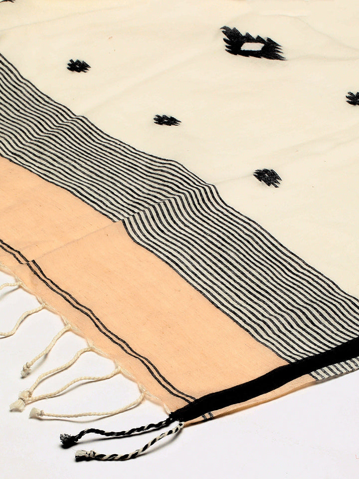 Beige Jamdani Mul Cotton Dupatta with tassels | SHOBITAM