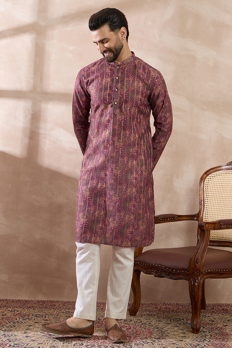 Purple Silk Blend Printed Mandarin Collar Straight Kurta With Trouser | SHOBITAM