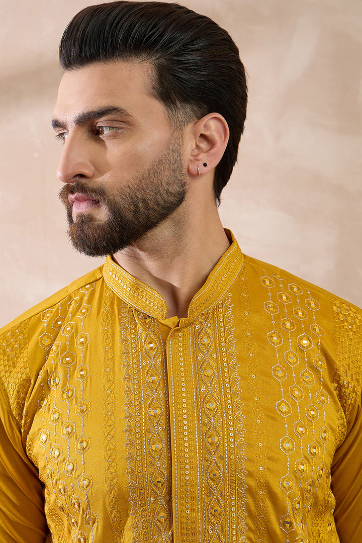 Mustard Silk Blend Embroidered Mandarin Collar Straight Kurta With Trouser| SHOBITAM