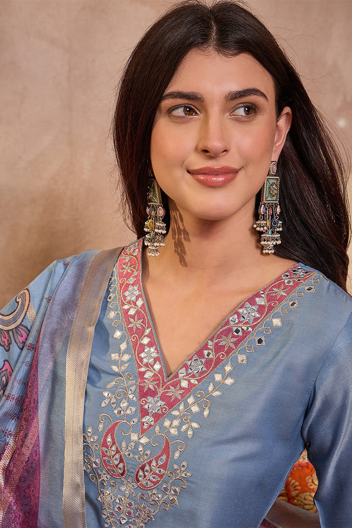 Blue Rayon Blend Solid Embroidered Straight Kurta Trouser With Dupatta | SHOBITAM