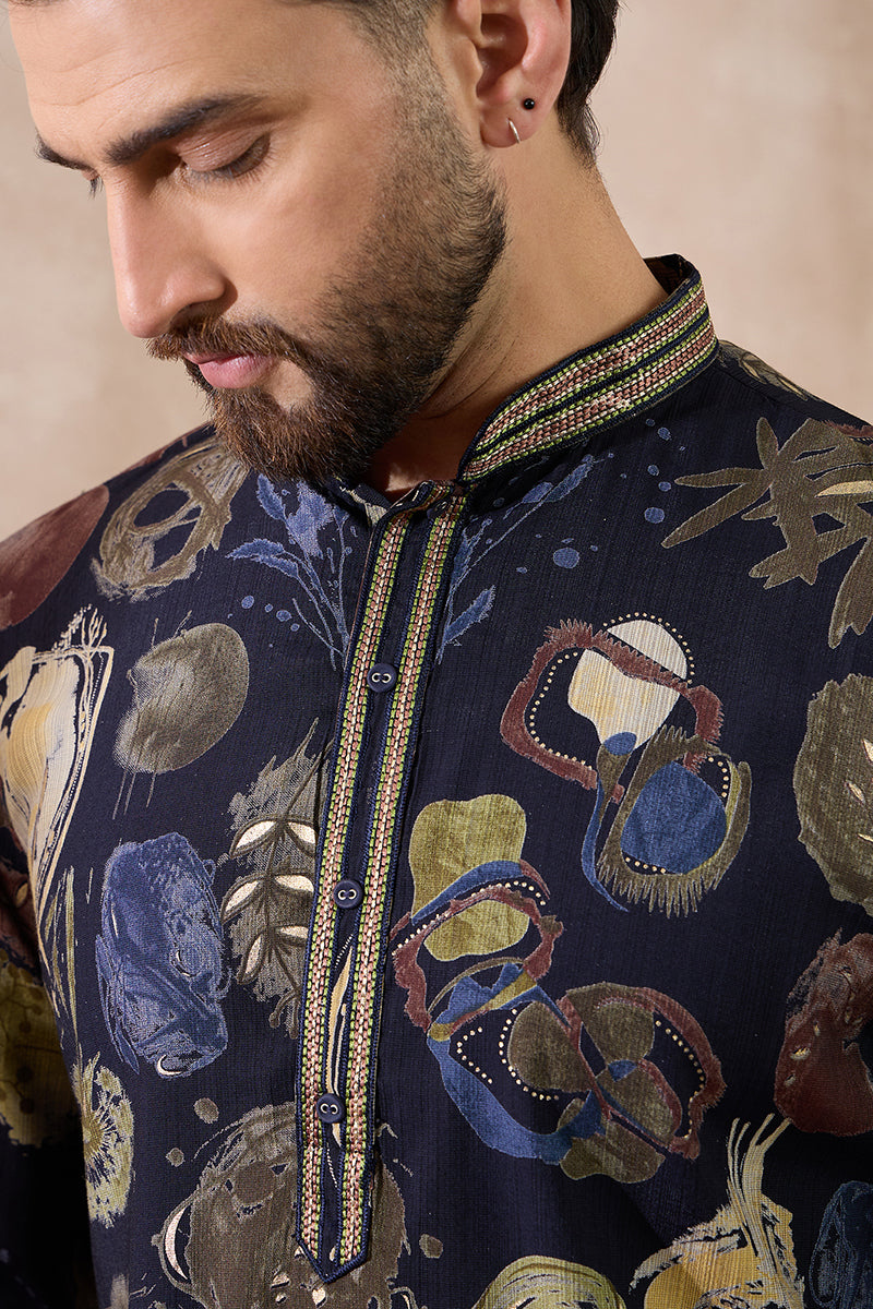 Navy Blue Silk Blend Printed Mandarin Collar Straight Kurta With Trouser | SHOBITAM