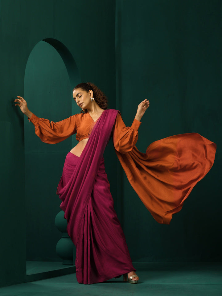 Maroon Rust Silk Saree With Unstitched Blouse | SHOBITAM