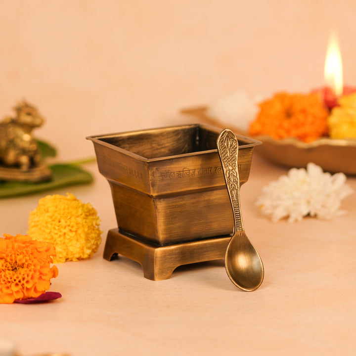 Brass Hawan Kund with Spoon for Vedic Rituals at Home