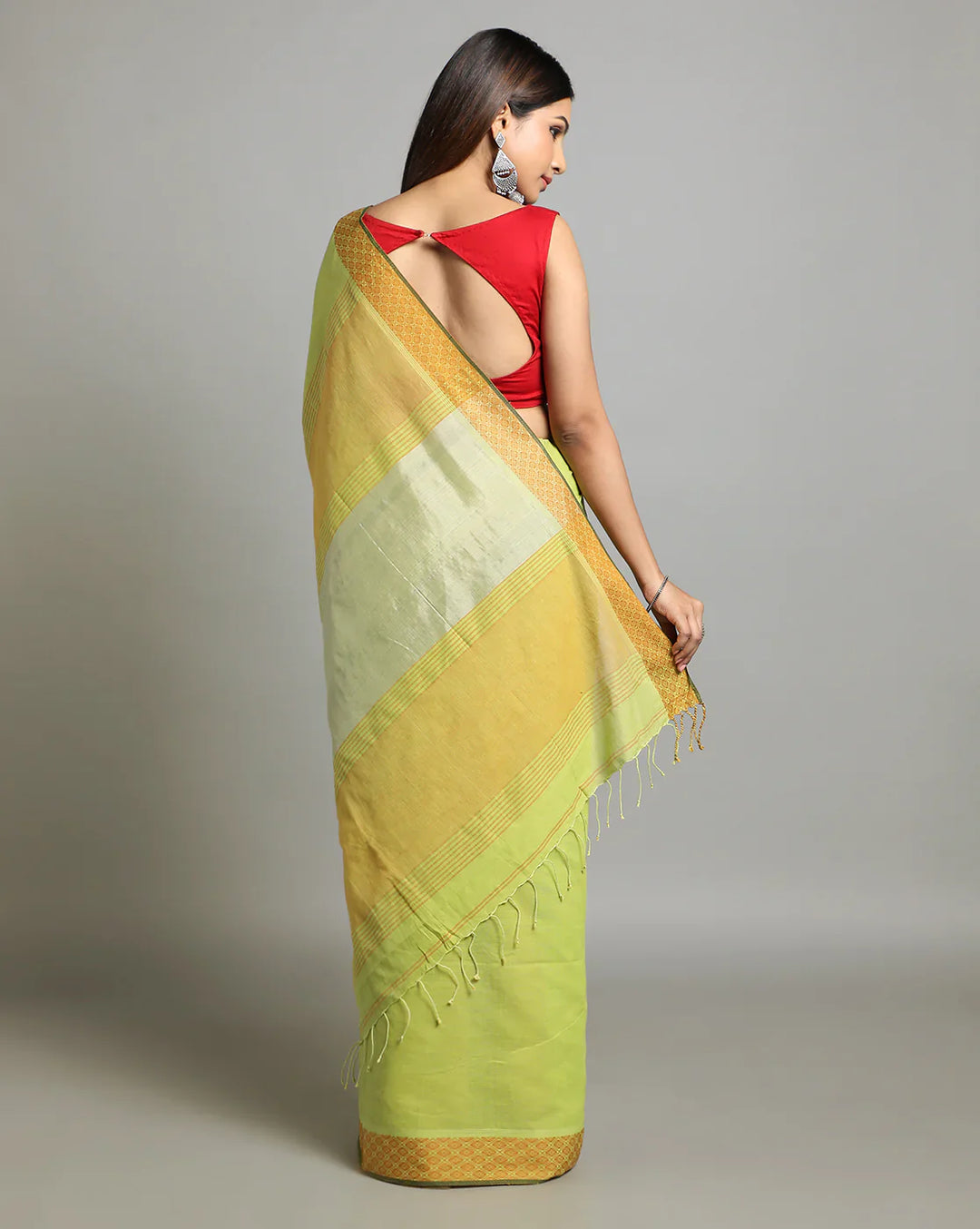 Lime green Golden Jacquard Cotton Saree