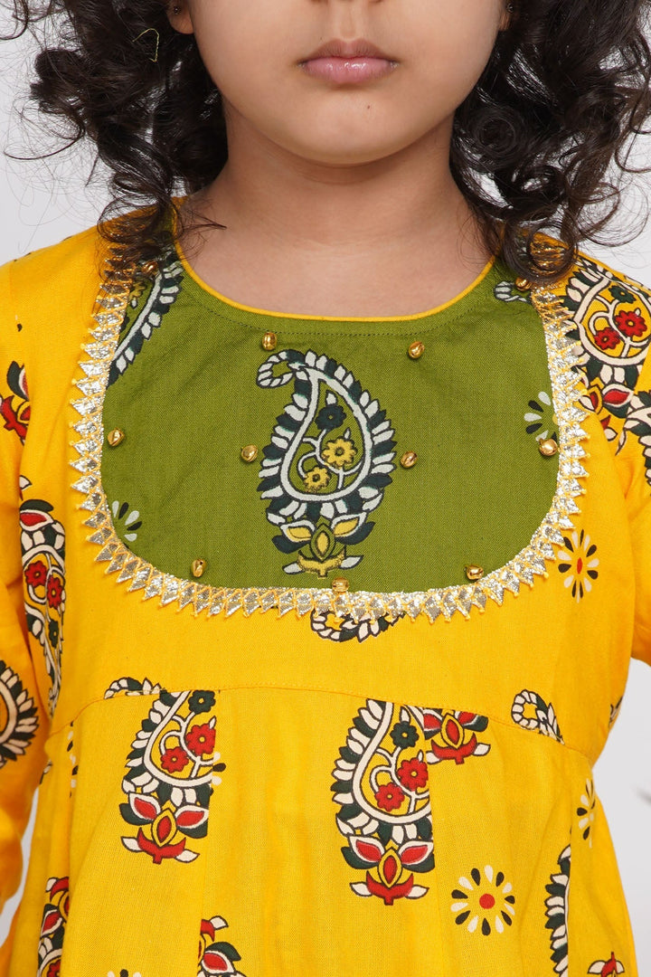 Girls Cotton Floral Jaipuri Kurta with Gunghroo work, Frill Sharara, and Dupatta | SHOBITAM