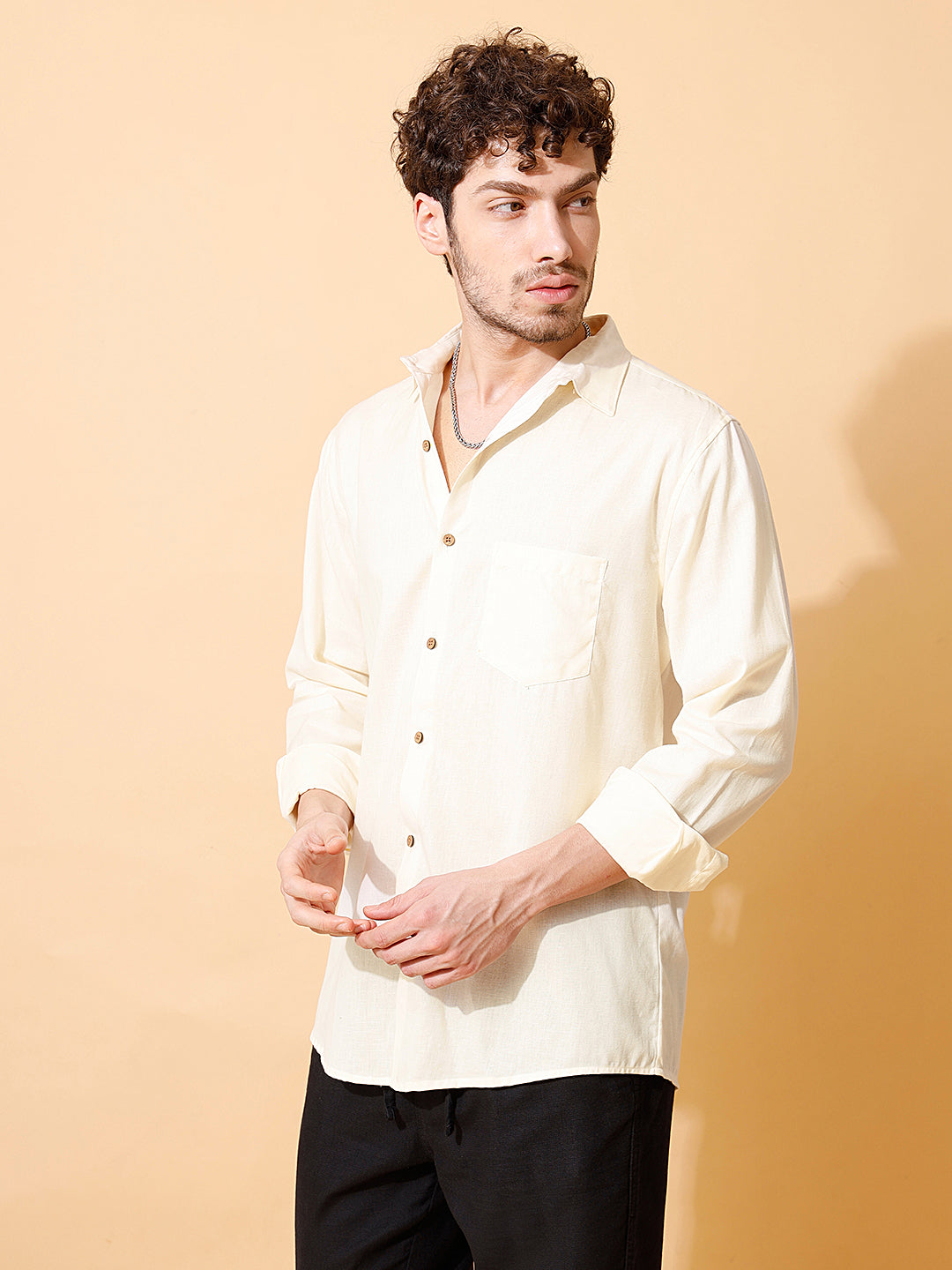 Men Handloom Cotton Solid Shirt – in Off White