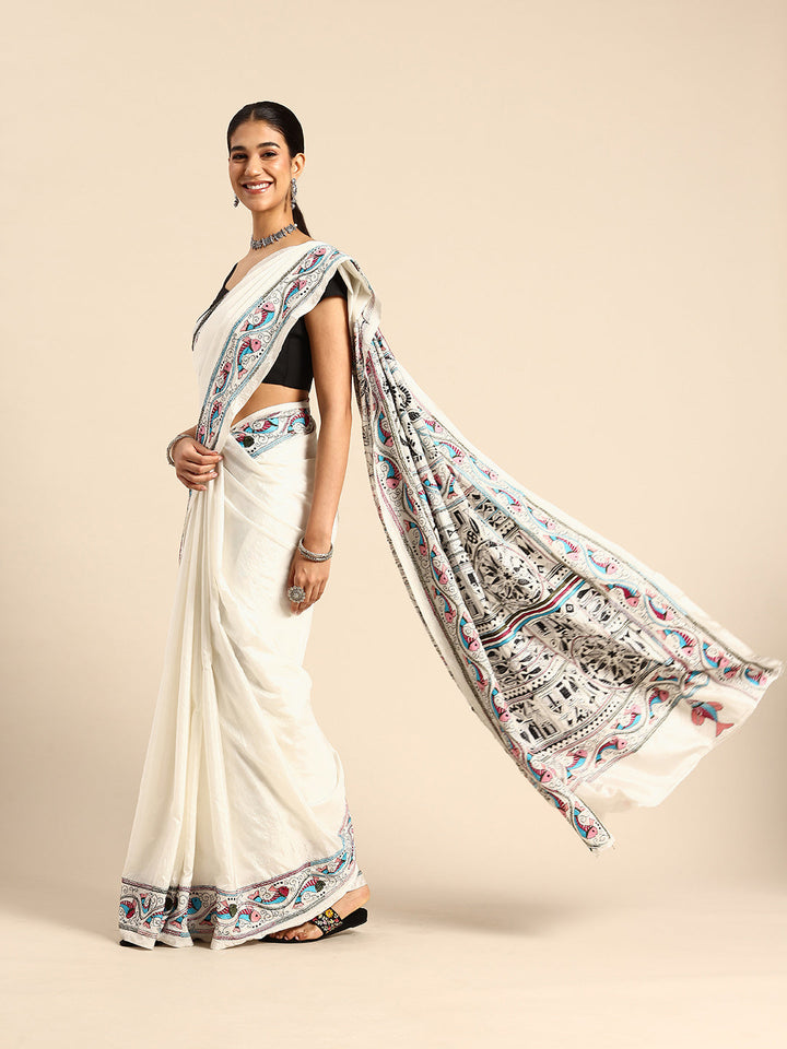 Handloom White Silk Kantha Saree with Blouse piece