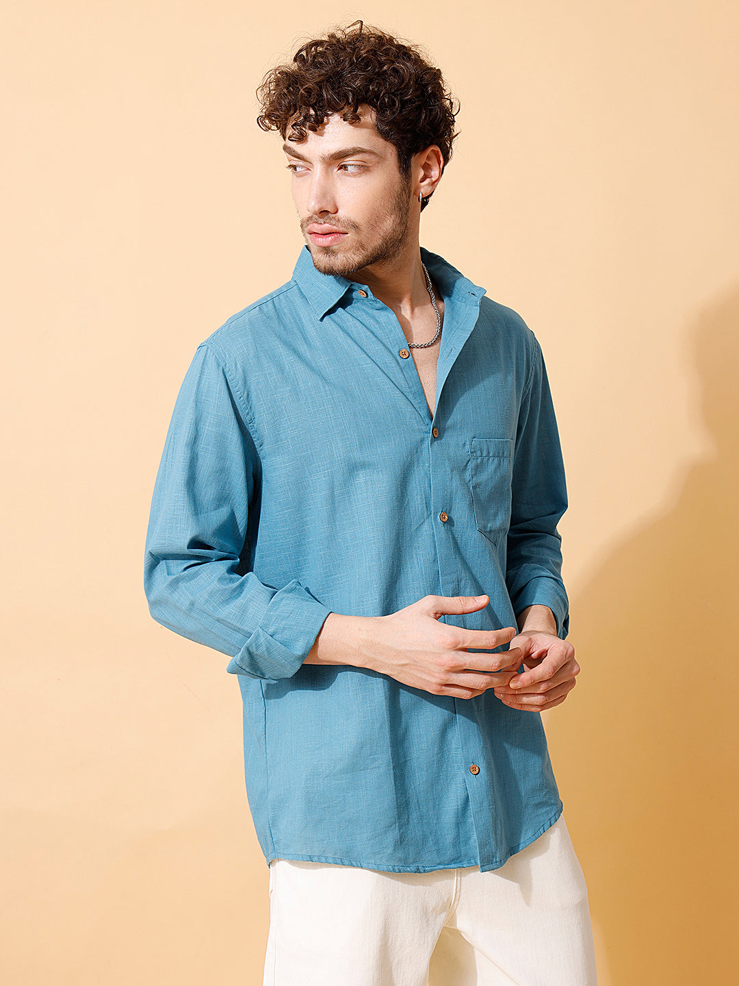 Men Handloom Cotton Solid Shirt in Blue