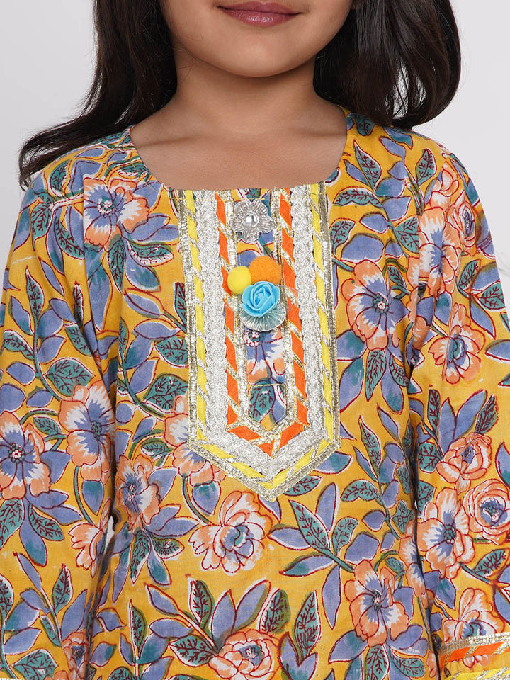 Girls Punjabi Floral work Kurta with Salwar & Dupatta in yellow | SHOBITAM